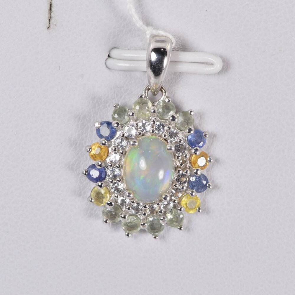 Natural Ethopian Opal w Natural Sapphire & White Topaz Pendant  925 Sterling